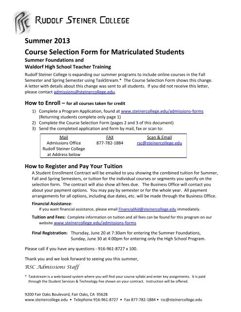 Summer 2013 Course Selection Form for Matriculated Students