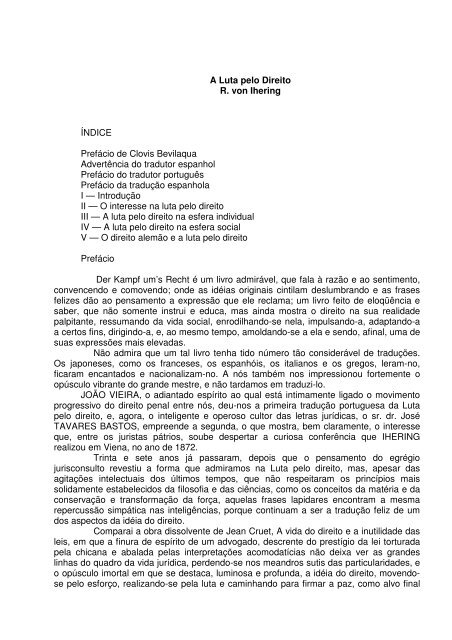 A Luta pelo Direito R. von Ihering ÃƒÂNDICE PrefÃƒÂ¡cio de Clovis ...