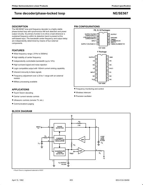 NE/SE567 Tone decoder/phase-locked loop