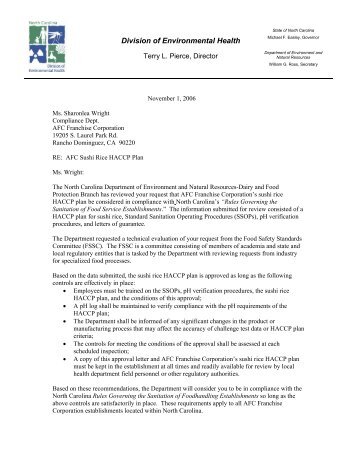 Letter Re: AFC Sushi Rice HACCP Plan - Environmental Health ...