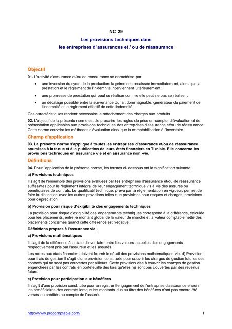 NC 29 Les provisions techniques dans les entreprises d'assurances ...