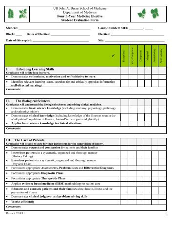 Fourth Year Medicine Elective Student Evaluation Form
