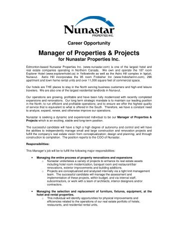 Career Opportunity Manager of Properties & Projects for Nunastar ...