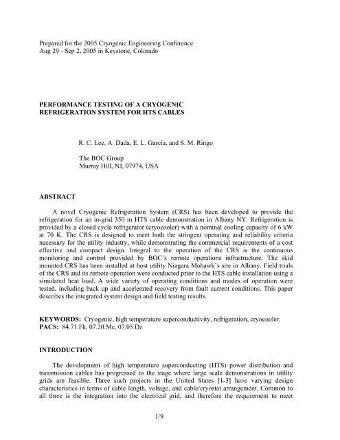 Performance testing of a cryogenic refrigeration system for HTS cables