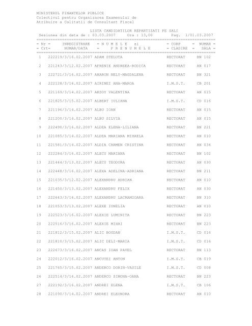 Lista nominala repartizare sali - Ministerul FinanÅ£elor Publice