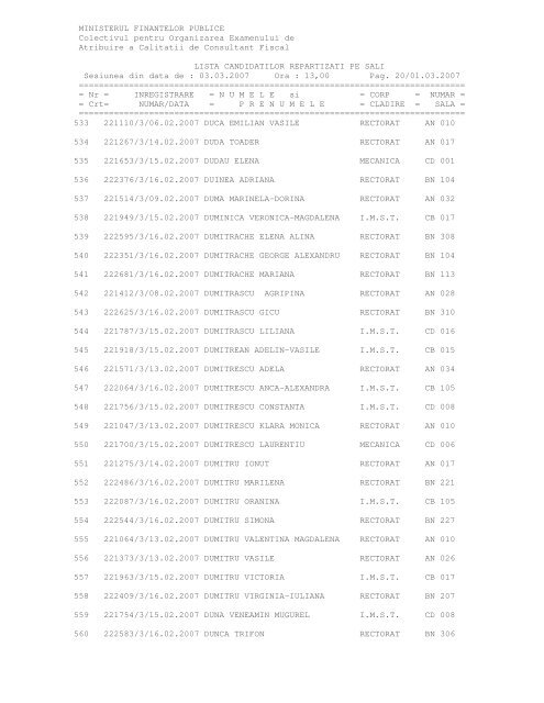 Lista nominala repartizare sali - Ministerul FinanÅ£elor Publice