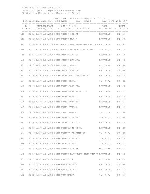 Lista nominala repartizare sali - Ministerul FinanÅ£elor Publice