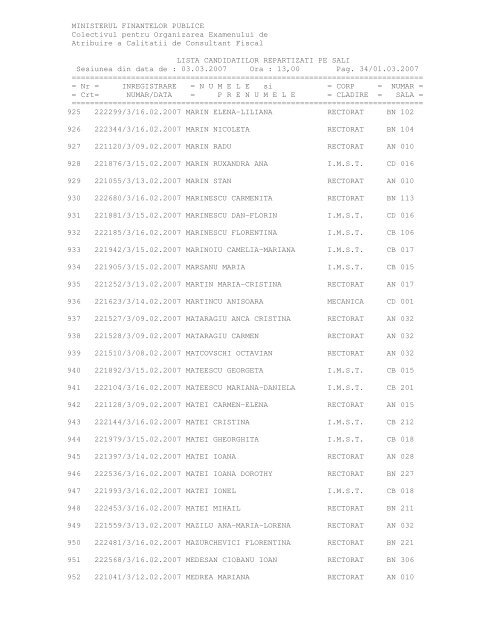 Lista nominala repartizare sali - Ministerul FinanÅ£elor Publice