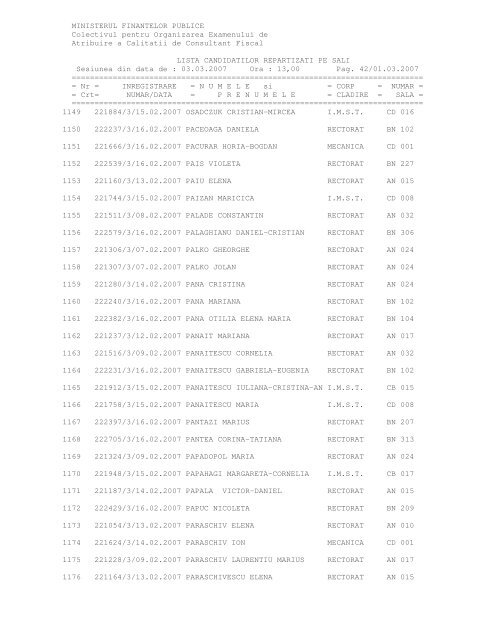 Lista nominala repartizare sali - Ministerul FinanÅ£elor Publice