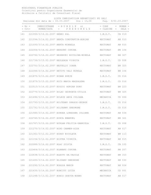 Lista nominala repartizare sali - Ministerul FinanÅ£elor Publice