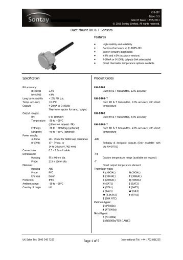 Duct Mount RH & T Sensors - Sontay