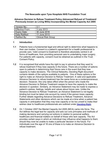 Advance Decision to Refuse Treatment Policy - Newcastle Hospitals
