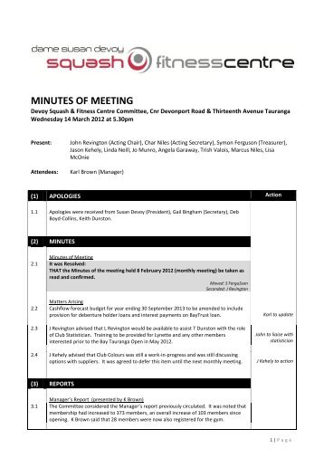 MINUTES OF MEETING - Devoy Squash & Fitness Centre