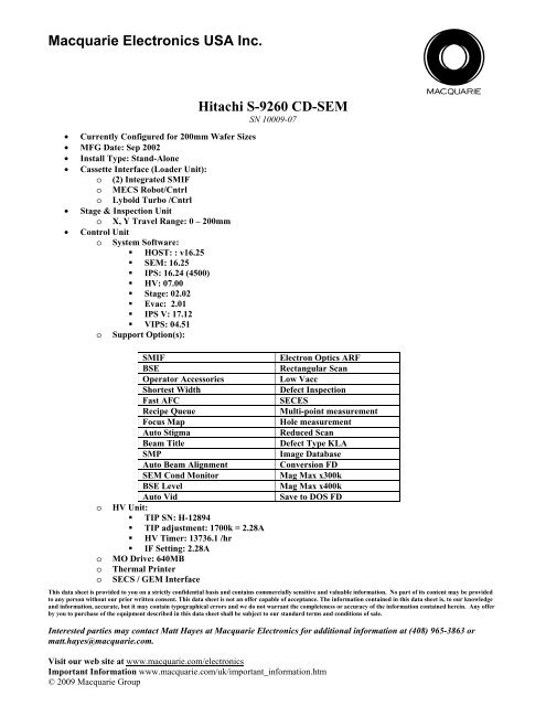 Macquarie Electronics USA Inc. Hitachi S-9260 CD-SEM