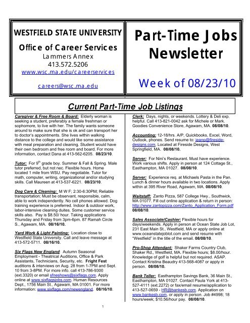 Part Time Jobs Newsletter Westfield State University