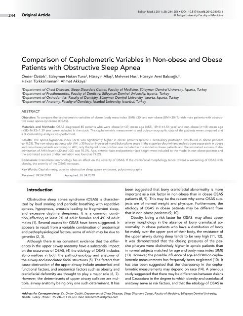 Comparison of Cephalometric Variables in Non-obese and Obese ...