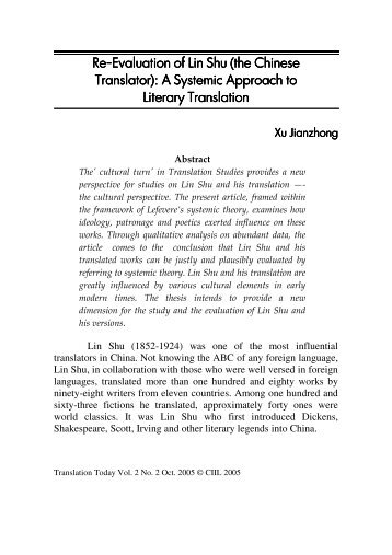 Re-Evaluation of Lin Shu (the Chinese Translator) - National ...