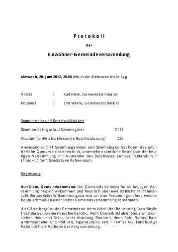 P r o t o k o l l Einwohner-Gemeindeversammlung - Stetten