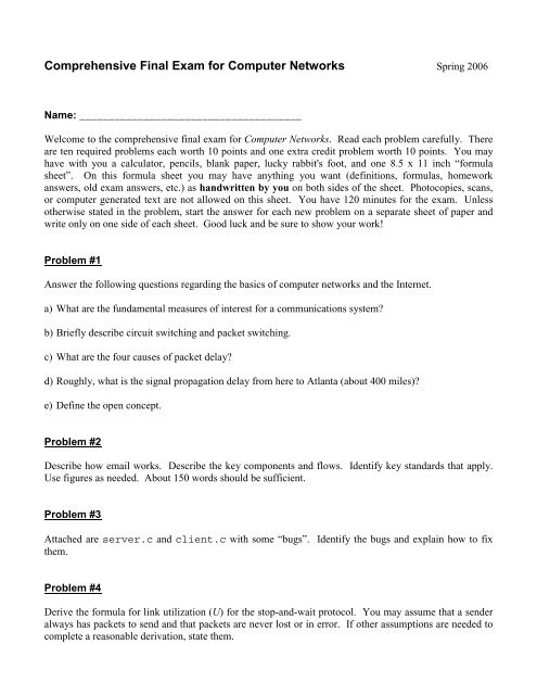 Comprehensive Final Exam for Computer Networks