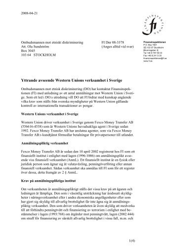 Yttrande avseende Western Unions verksamhet i Sverige