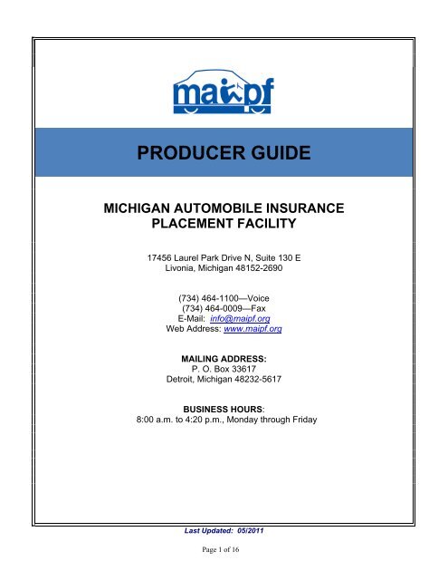 producer guide michigan automobile insurance placement ... - maipf