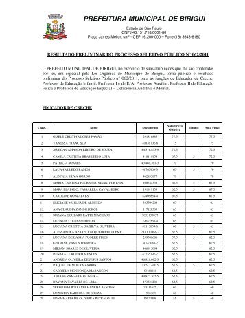 Resultado PRELIMINAR eDITAL 62-2011 - Prefeitura Municipal de ...