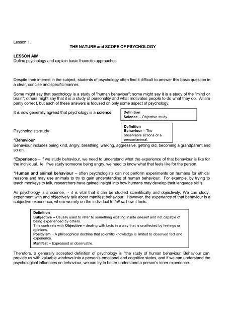 Lesson NATURE and SCOPE OF PSYCHOLOGY LESSON ...