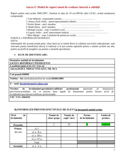 Anexa 5: Model de raport anual de evaluare internÄƒ a calitÄƒÅ£ii