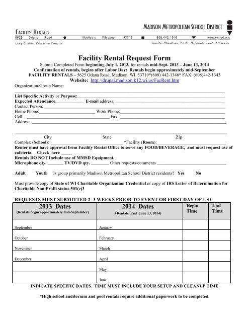 Facility Rental Request Form - Madison Metropolitan School District