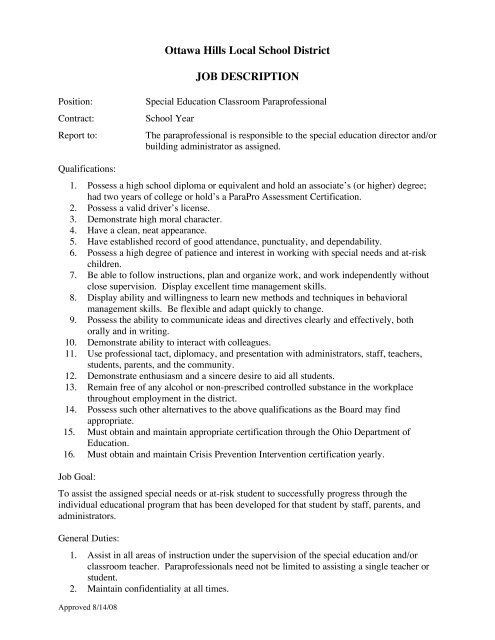 Ottawa Hills Local School District JOB DESCRIPTION