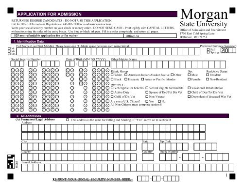 Application for enrollment - Morgan State University