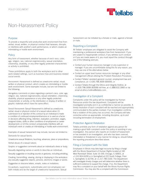 Tellabs Non-Harassment Policy