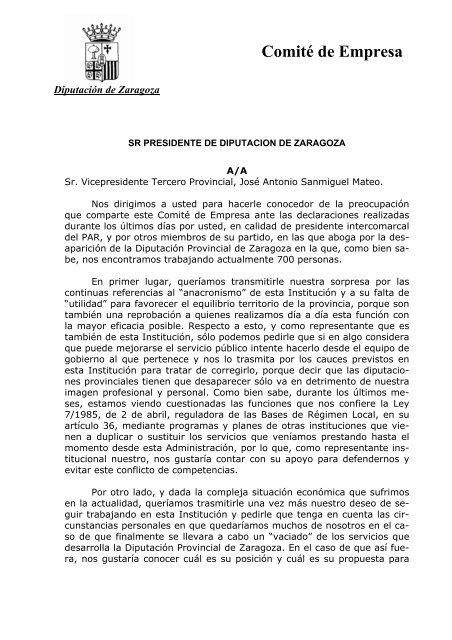 Carta dirigida por el ComitÃ© de Empresa de la DPZ a J.A. Sanmiguel