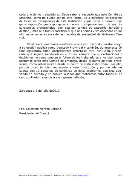 Carta dirigida por el ComitÃ© de Empresa de la DPZ a J.A. Sanmiguel