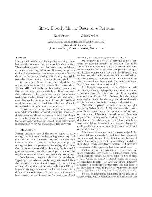 Slim: Directly Mining Descriptive Patterns - Universiteit Antwerpen