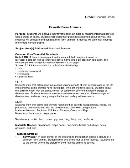 Lesson Plan 8 – Favorite Farm Animals - Ag in the Classroom Lesson Plan 8 – Favorite Farm Animals - Ag in the Classroom
