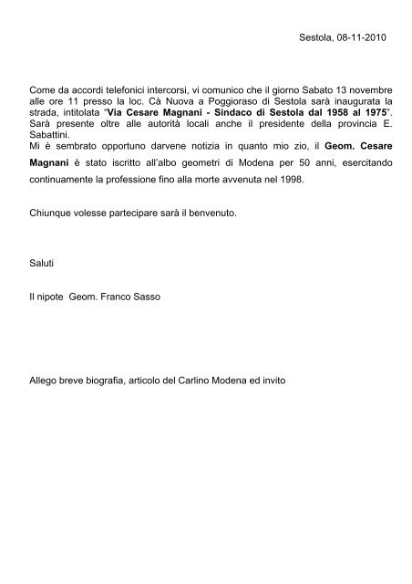 Sestola 08 11 2010 Come Da Accordi Telefonici Intercorsi Vi