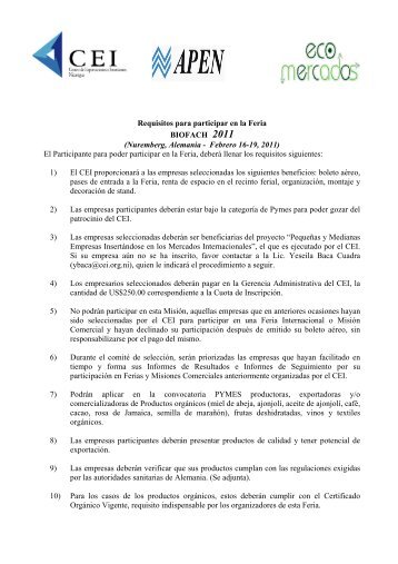 Requisitos para participar en la Feria BIOFACH 2011 ... - CEI