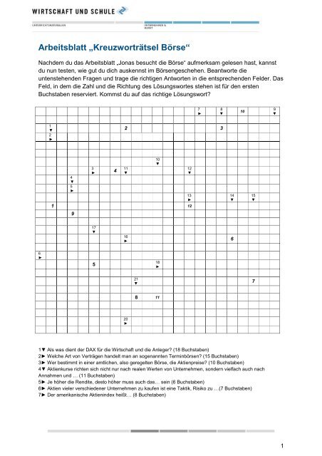 Arbeitsblatt Ã¢Â€ÂžKreuzwortrÃƒÂ¤tsel BÃƒÂ¶rseÃ¢Â€Âœ - Wirtschaft und Schule