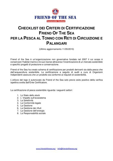 checklist dei criteri di certificazione per la pesca ... - Friend of the Sea