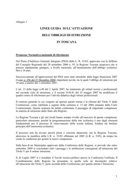 linee guida sull'attuazione dell'obbligo di istruzione in toscana
