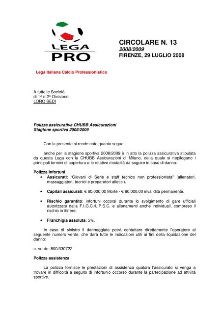 Lega Pro - Polizza Assicurativa CHUBB ... - Diritto Calcistico