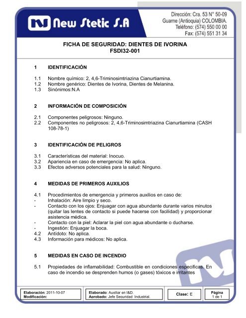 ficha de seguridad: dientes de ivorina fsdi32-001 - New Stetic