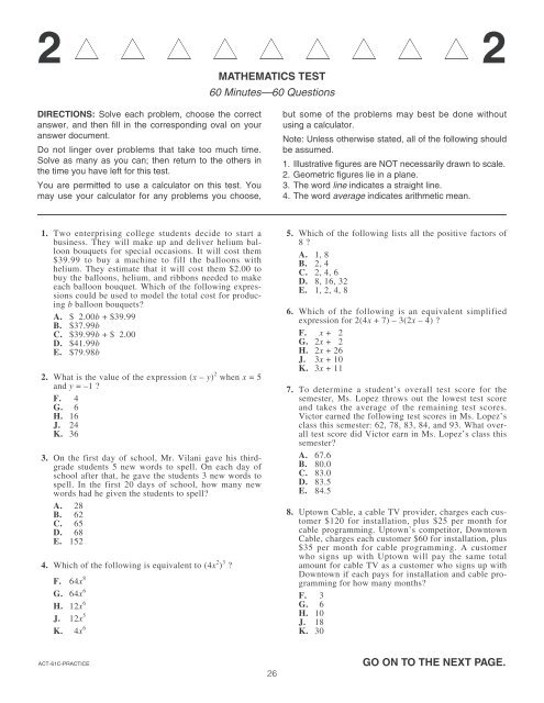 Math Practice ACT 2007-2008 with Answer Key - Von Steuben ...