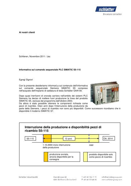 Interruzione della produzione e disponibilità pezzi di ... - Schlatter