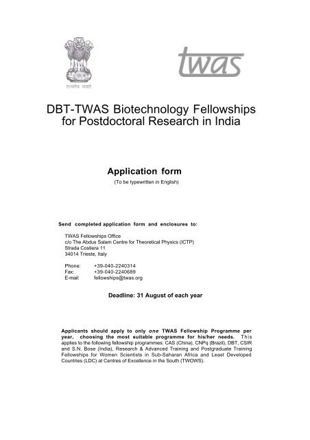 DBT-TWAS Biotechnology Fellowships for Postdoctoral Research in ...