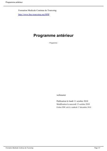 Programme antÃ©rieur - FMC de Tourcoing