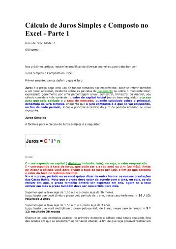 Cálculo de Juros Simples e Composto no Excel - Parte 1