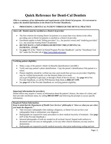 Quick Reference for Denti-Cal Dentists New