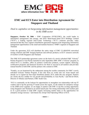 EMC and ECS Enter into Distribution Agreement for Singapore and ...